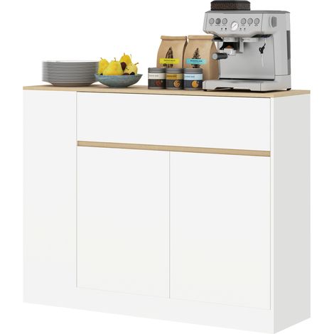 Sideboard, großes Staufach, 3 Einlegeböden, Schublade, 106 x 30 x 81,2 cm, weiß/Holz (1/5)