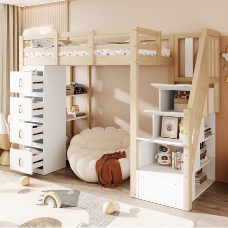 Lit mezzanine 90 x 200 cm en bois marron avec rangements et échelle sécurisée (1/5)