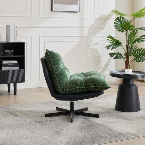 Fauteuil inclinable pivotant 3 positions 95°/110°/125° pieds métal noir housse chenille mousse mémoire rotation 360° vert.