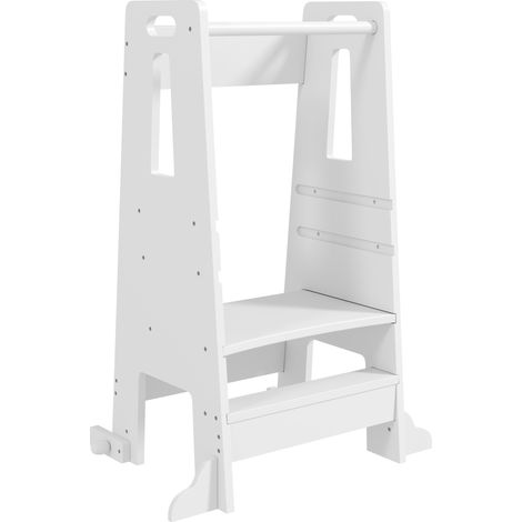 Tour Montessori réglable sur 3 hauteurs avec barre de sécurité, échelle pour enfants 3-6 ans en bois blanc, pour salle de bain, cuisine et WC