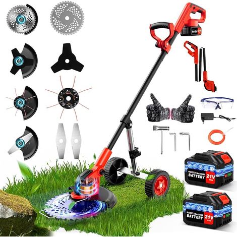 12 Inch Cordless Electric Brushcutters 2 21V 3.0Ah Battery with Wheels, 4 Types Blades, Battery Trimmers Turns into Edges, Scrubbers Batteries for Garden (1/5)