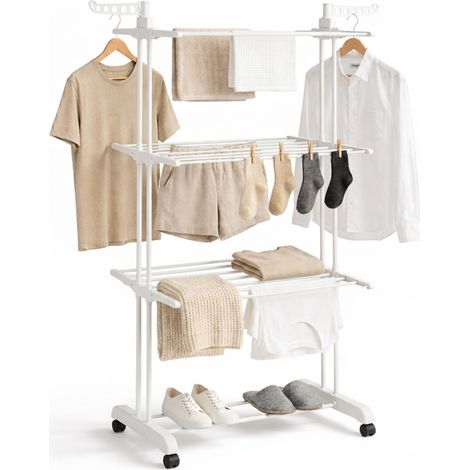 Étendoir à Linge Intérieur Pliable, Séchoir à Linge Vertical 4 Niveaux avec Ailes, 35 kg, Acier Inoxydable, avec roulettes, Gain de Place (Blanc) (1/5)
