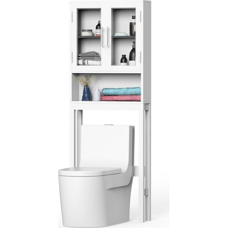 COSTWAY Mobiletto da Bagno Sopra WC, Organizzatore da Bagno con Doppia Anta in Vetro Temperato e Ripiano Regolabile all'Interno, Mobile da Bagno Salvaspazio, 57x18,5x163 cm