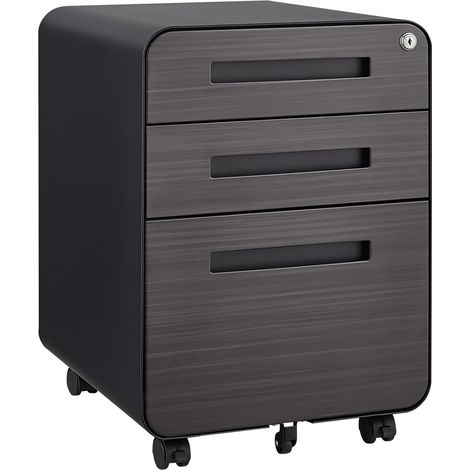 Caisson 3 tiroirs à roulettes-5 roues antibasculante-Acier froid étanche-Pour dossiers A4/Sous bureau-Noir 40x46x58(cm) (1/5)