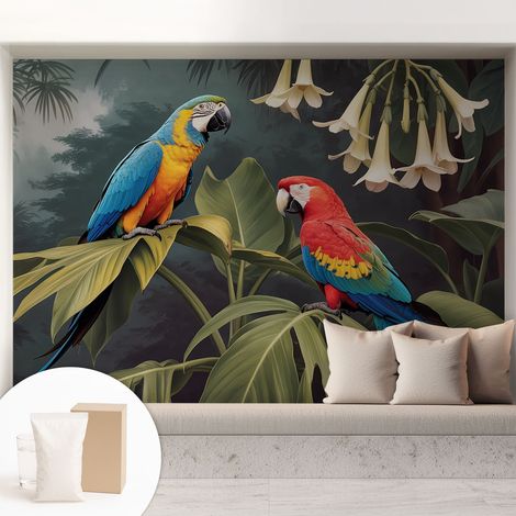 Papier peint intissé mural avec colle pour salon et chambre Décoration murale rapide - Colle incluse gratuite Perruches colorées 208x146 cm (1/5)