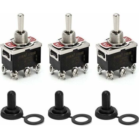 Interrupteur à bascule, AC380V 15A / AC250V 10A, interrupteur marche/arrêt/marche 3 positions 6 broches avec capuchon étanche noir, 3 pièces (1/5)