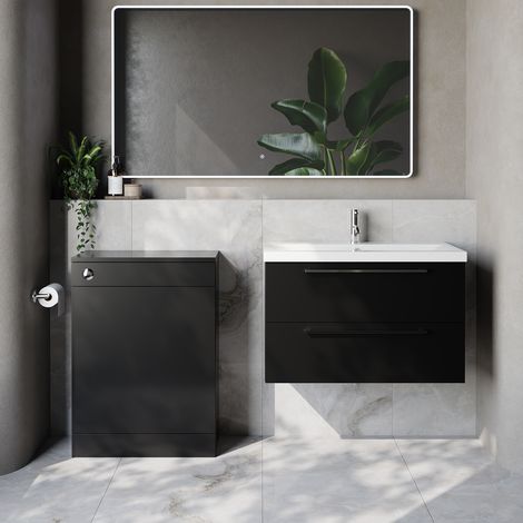 Napoli 390 Cento Matt Black 1400mm Wall Mounted 2 Drawer Vanity Unit and Toilet Suite with Glide Basin - 1400mm - Chrome 480mm HandleWithout Kingston Toilet Pan