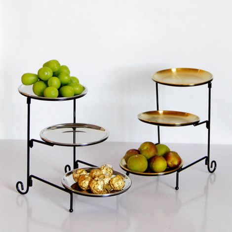 Plateau à fruits à trois étages doré, présentoir à gâteaux, plateau de luxe léger en acier inoxydable et fer, assiette à dessert amovible et pliable, plateau de mariage à trois étages - argent (1/5)