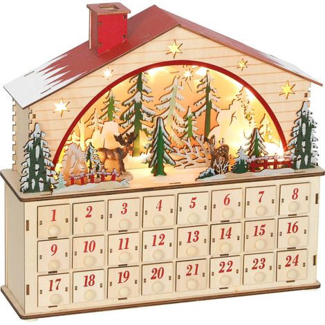 Adventskalender mit 24 Schubladen, LED-Beleuchtung, Holz, 36x10x34 cm