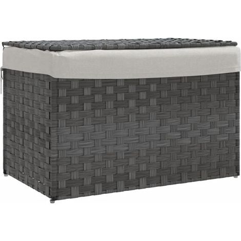 Panier à linge avec couvercle, gris, 55,5 x 35 x 34 cm, en résine tressée (1/5)