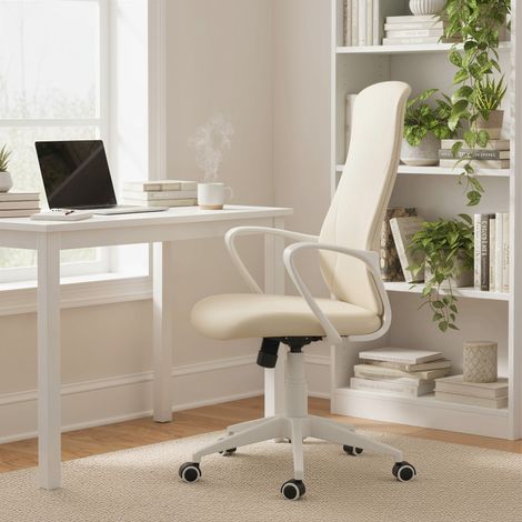 Chaise bureau pivotante Beige hauteur réglable accoudoirs fonction balançoire dossier haut 62x56x110-119,5 cm