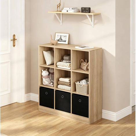 Bibliothèque 80x30x86.5 cm noir et chêne clair en bois d’ingénierie avec 3 tiroirs en tissu (1/4)