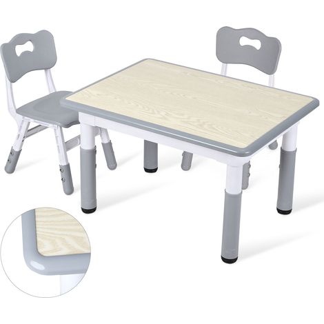 Randaco Mesa infantil con 2 sillas regulables en altura 80 x 60 cm, tablero lavable multifunción para jugar y estudiar