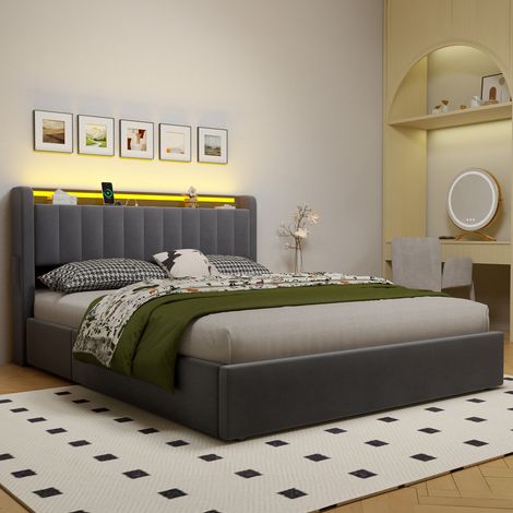 Lit 160x200 cm Rembourré avec Coffre Hydraulique, LED et USB Intégrés, Velours Doux, Structure MDF/Métal - Gain de Place Moderne (1/5)