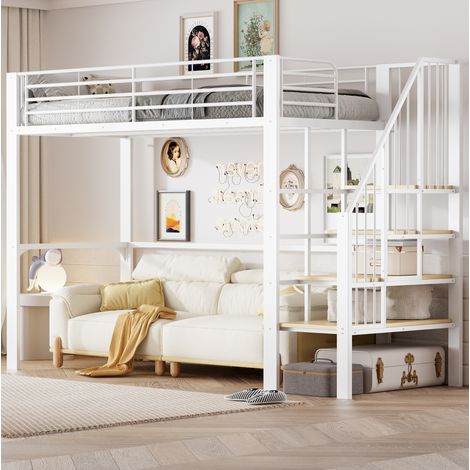 Letto a soppalco 90 x 200 cm in metallo bianco con scala e spazio contenitore sotto il letto (1/5)