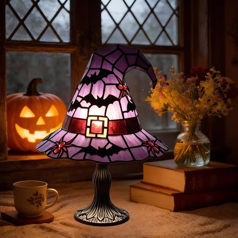 Beyamis Lampe chapeau de sorcière magique en vitrail à LED, veilleuse en résine colorée avec prise USB, petit ornement (1/5)