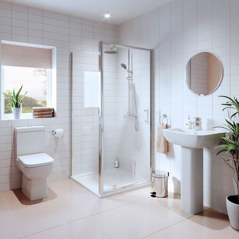 Bathroom Suite Pivot Shower Enclosure Basin Sink Pedestal Toilet WC Tray 760mm (1/5)