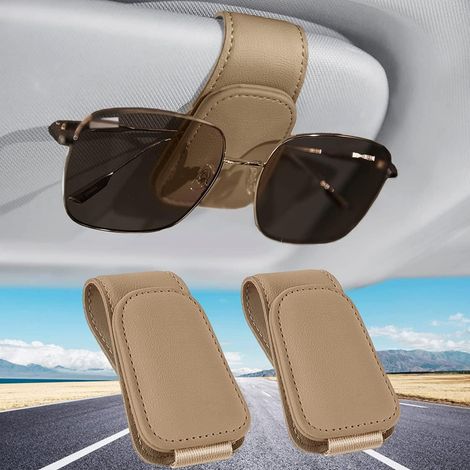 Lot de 3 Porte Lunettes pour Voiture, Cuir Clip de Support de Lunettes de Visière de Voiture, pour Lunettes de Soleil Carte Ticket, Beige (1/5)