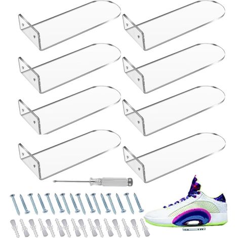 Lot de 8 étagères flottantes pour chaussures - Montées au mur - En acrylique transparent - Pour la collection de baskets (1/5)