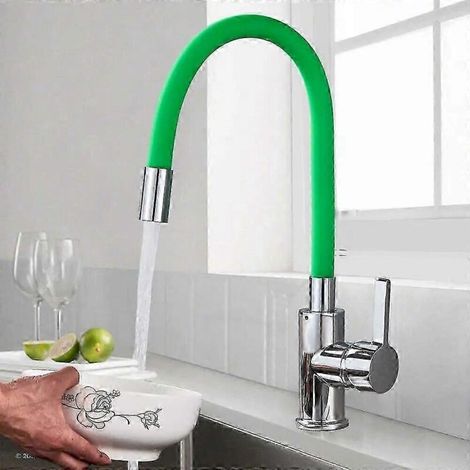 Robinet de cuisine avec bec flexible et tube orange, finition chromée, universel, pour eau chaude et froide, pour plan de travail, salle de bain et cu (1/5)