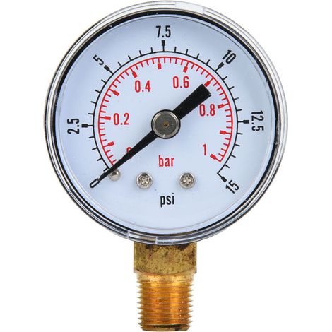 Manometro meccanico da 1/8" BSPT, attacco inferiore per aria, olio, acqua (0-15 psi, 0-1 bar)