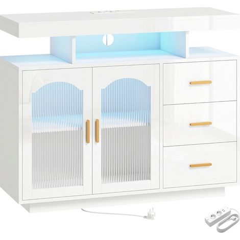 CHICFURN Credenza LED 100x35x80 cm bianco lucido, 3 cassetti, ante in acrilico, prese integrate (1/5)