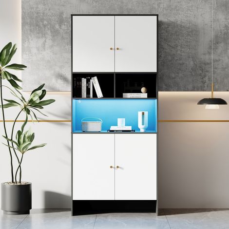 Buffet et enfilade-4 portes-3 compartiments ouverts-noir et blanc-bois-80x40x185cm