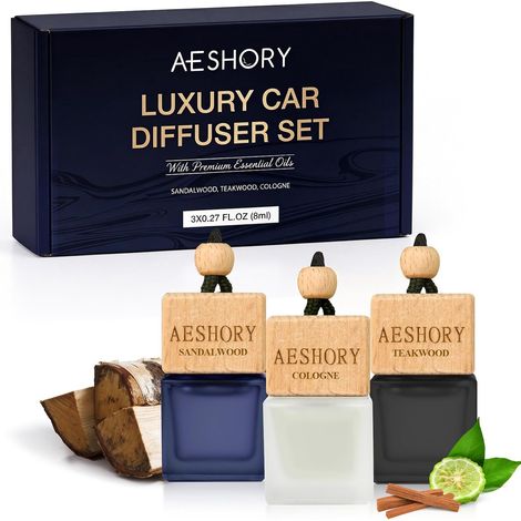 Men's Car Perfume Bottle 3 x 8 ml Hanging Fragrance Diffuser Set for Car Home Air Fresheners Woody Fragrance - Cologne, Sandalwood, Teak Wood (1/5)