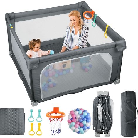 Parc Bebe Pliable 150x150 avec Tapis Lavables Parc Modulable Bébé Maille Respirante Visible avec Boule d'Océan Jante de Basket-ball Sac de Rangement Jeux Sécurisés pour Bébé - Gris Foncé (1/5)