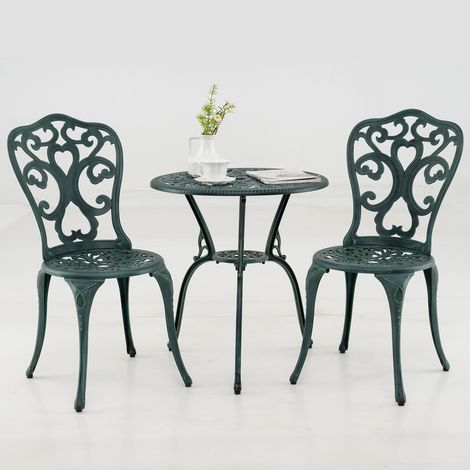 Ensemble Bistro Patio 3 Pièces, Chaises et Table en Fonte d’Aluminium, Résistant aux Intempéries avec Trou de Parasol, Vert