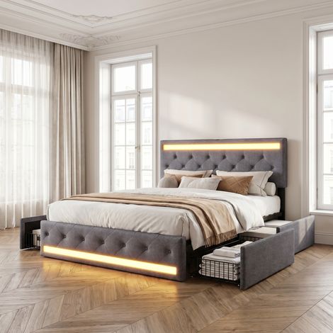 Superaly Lit Double Rembourré 160x200 cm, 4 Tiroirs de rangement à Cadre Métallique, éclairage LED télécommandé, Port USB et Type-C, Tête de Lit Réglable, Lit Adulte de Style Moderne, Lin, Gris foncé (1/5)