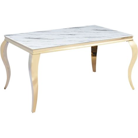 Table à manger BAROQUE 6 à 8 couverts 180x90 cm pieds gold plateau en verre effet marbré blanc (1/5)