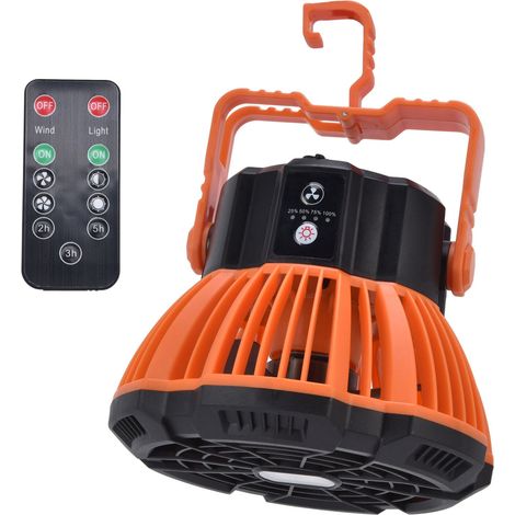 Ventilateur de camping avec lumière, silencieux, chargement USB, rotation à 180°, crochet de transport, 5 LED, idéal pour tente et extérieur. (1/5)