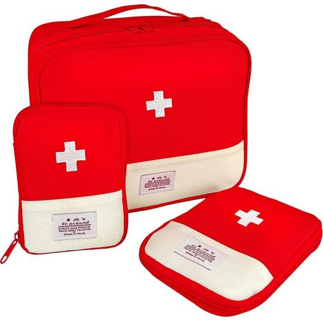 Reiseapotheke Tasche 3er Set Leer, Erste Hilfe Tasche mit Fächern, Rot