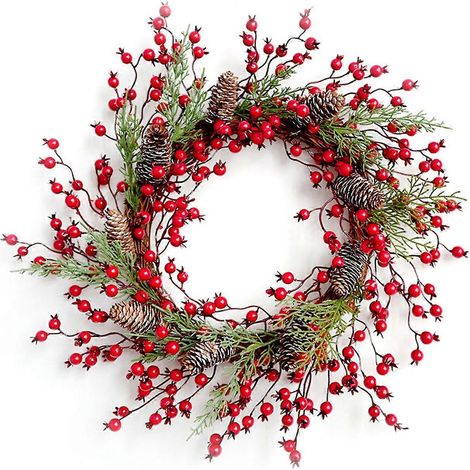Künstlicher roter Beerenkranz mit Tannenzapfen und künstlichen Blättern für Weihnachten und Halloween – rustikale Dekoration für die Haustür.