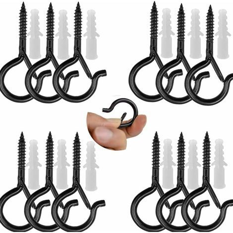 Crochets à vis pour plafond - Charge lourde avec boucle de sécurité avec vis pour suspendre des paniers de plantes, mangeoires, lanternes à vent, guirlandes lumineuses (noir),Lot de 12 (1/5)