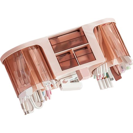 360° drehbarer Stiftehalter aus Kunststoff, Schreibtisch-Organizer mit 2 Stifthaltern und Schublade für Büro- und Schulbedarf, Rosa (1/5)