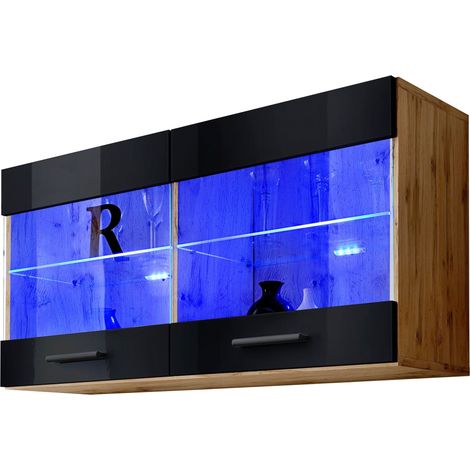 Vitrine murale 100 x 50 x 30 cm – Corps en wotan mat – Façades en noir brillant – 2 étagères en verre – Panneaux laminés résistants