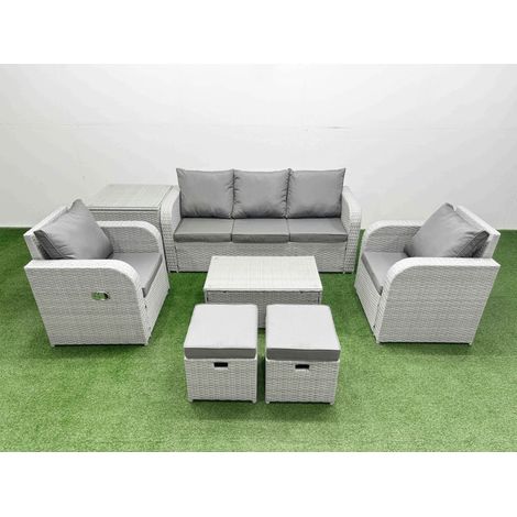 Fimous PE Rattan Garden Furniture Set Reclining Chair Sofa Lounge Sofa Set Oblong Coffee Table Side Table 2 Small Stools Light Grey (1/4)