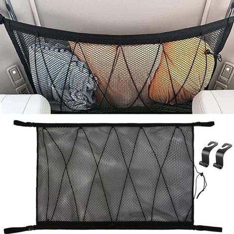 Rete portaoggetti per auto 90 cm x 65 cm, organizer multifunzionale con cerniera e 2 ganci per sedili auto, rete portaoggetti per camper, organizer per auto per SUV, Jeep, furgoni
