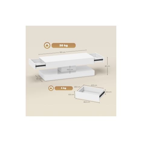 Table basse blanche en panneau aggloméré avec tiroirs, éclairage LED et niche ouverte pour salon, séjour et espace détente (1/5)