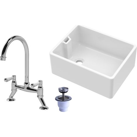 Fireclay Kitchen Bundle - 595mm 1 Bowl Belfast Sink with Strainer Waste & Bridge Mixer Tap, Chrome (1/5)