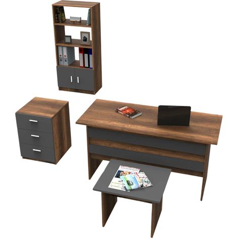 Set da Ufficio Rebekah, Modulabile, 5 Ripiani, 3 Cassetti, Marrone Noce