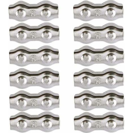 Morsetto per cavi, morsetto per cavi in acciaio da 3 mm, 12 pezzi, morsetti per cavi duplex in acciaio inossidabile 304, clip per cavi, maniglie per cavi da 2 mm per stendibiancheria