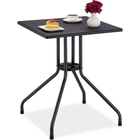 Relaxdays Garden Table, HxWxD: 75x61x61 cm, Wooden-look Balcony, Plastic, Metal, Square, Patio, Black (1/5)