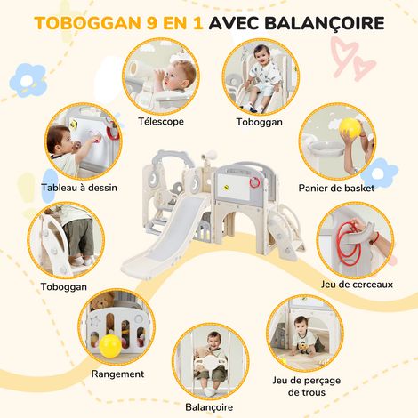 Toboggan 9 en 1 pour Tout-petits en Forme de L et Ensemble D'escalade avec Panier de Basket Télescope Volant Allée Tunnel pour 1+ An Rose