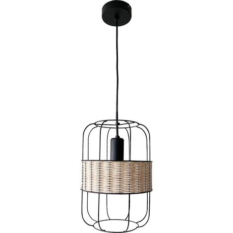 Suspension nature e27 1x25w metal noir abat jour rotin naturel h 140cm 22cm dimmable (1/5)