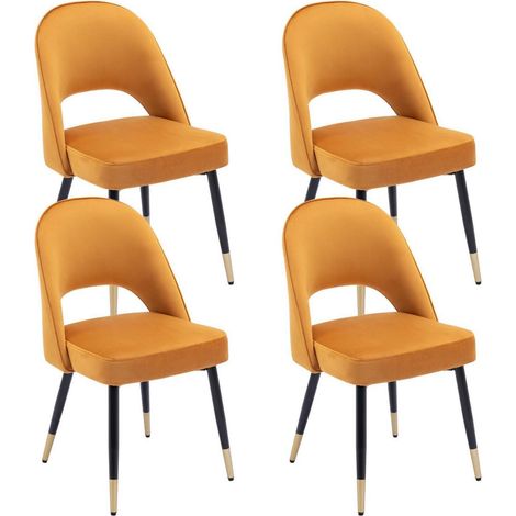 Lot de 4 chaises de salle à manger en velours jaune, pieds métal, confortables (1/5)