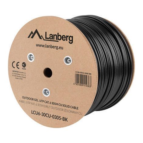 BOBINA CAT.6 LANBERG OUTDOOR UTP RJ45 COBRE GEL-FILLED FLUKE AWG24 305M NEGRO (1/3)