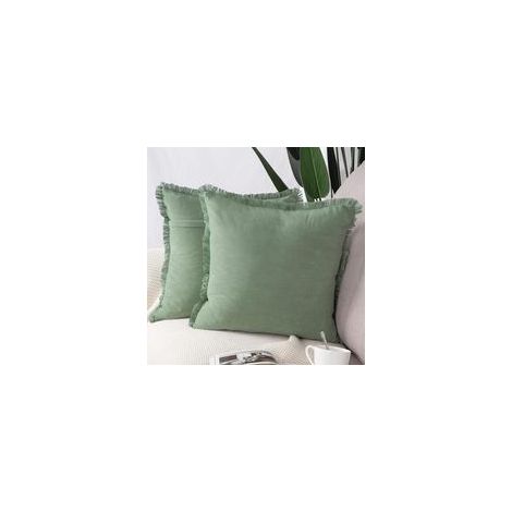 Lot de 2 Housses de Coussin en Coton Lavé avec Pompons, Style Luxe 45x45cm, Vert Clair, Pour Canapé et Chambre (1/3)